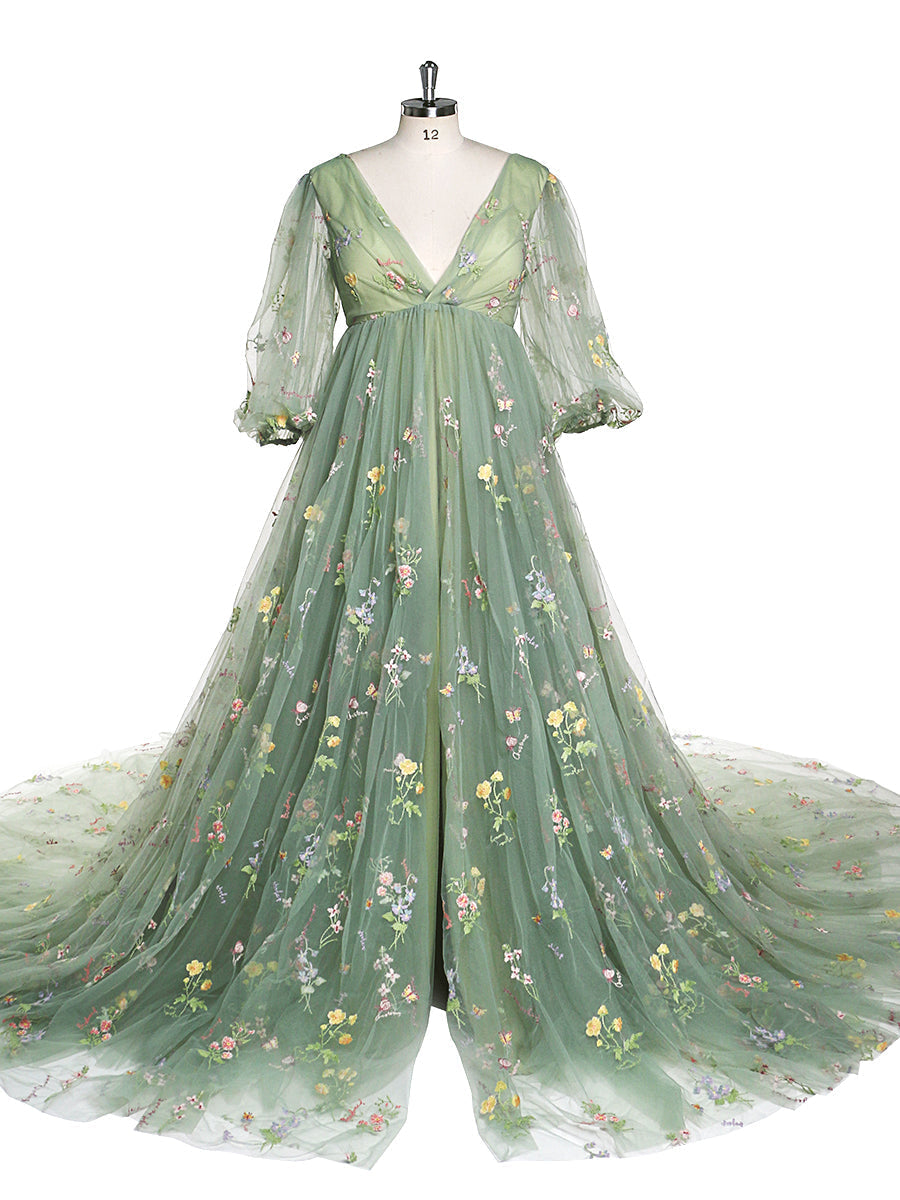 60cm Train Embroidery Tulle Maternity Dress High Waist Ladies Beach Dress 14 / Turguoise
