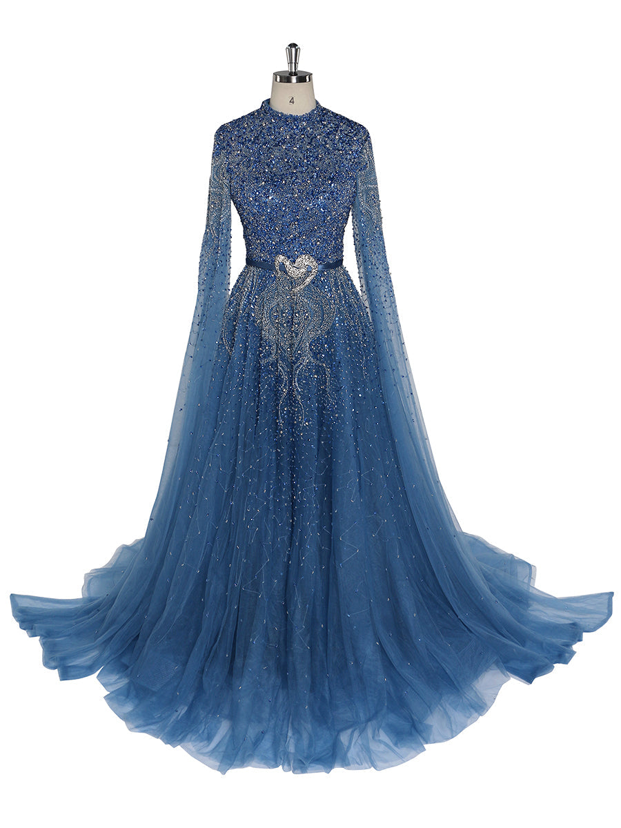 Blue A line high-end Beaded Luxury Cape Sleeve Evening Dresses Woman Christmas Holiday Dress Blue A line high-end Beaded Luxury Cape Sleeve Evening Dresses Woman Christmas Holiday Dress