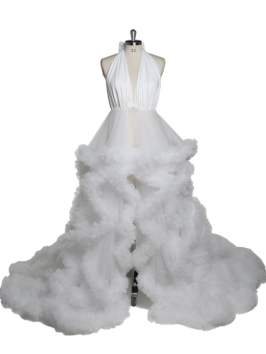 V-neck Backless Cloud Ruffles Wedding Gowns Maternity Dress for Photoshoot YW220116 26W / White