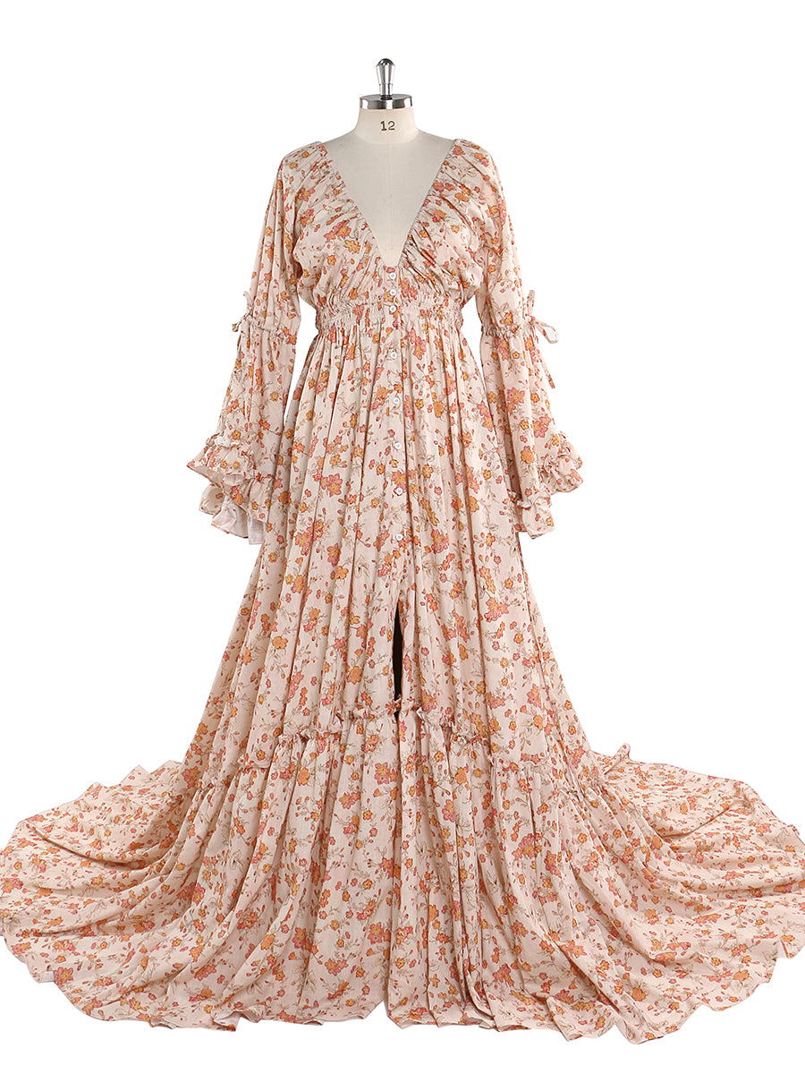 Elegant V Neck Floral Print Woman Maxi Dress Boho Beach Maternity Gow 18W / Picture Color Elegant V Neck Floral Print Woman Maxi Dress Boho Beach Maternity Gow 18W / Picture Color