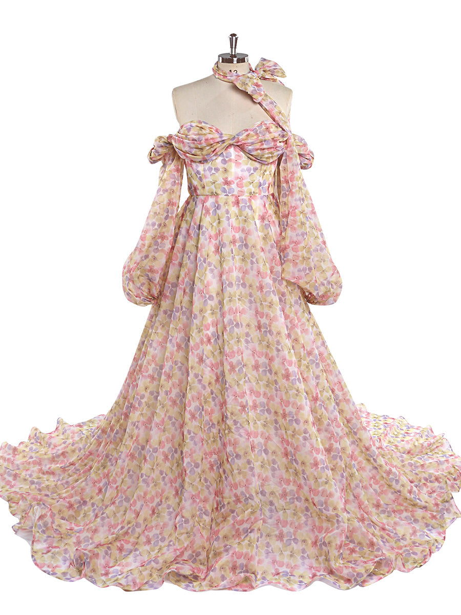 Long Sleeve Magical Soft Organza Printing Boho Prom Dress Photoshoot Dress 12 / Picture Color