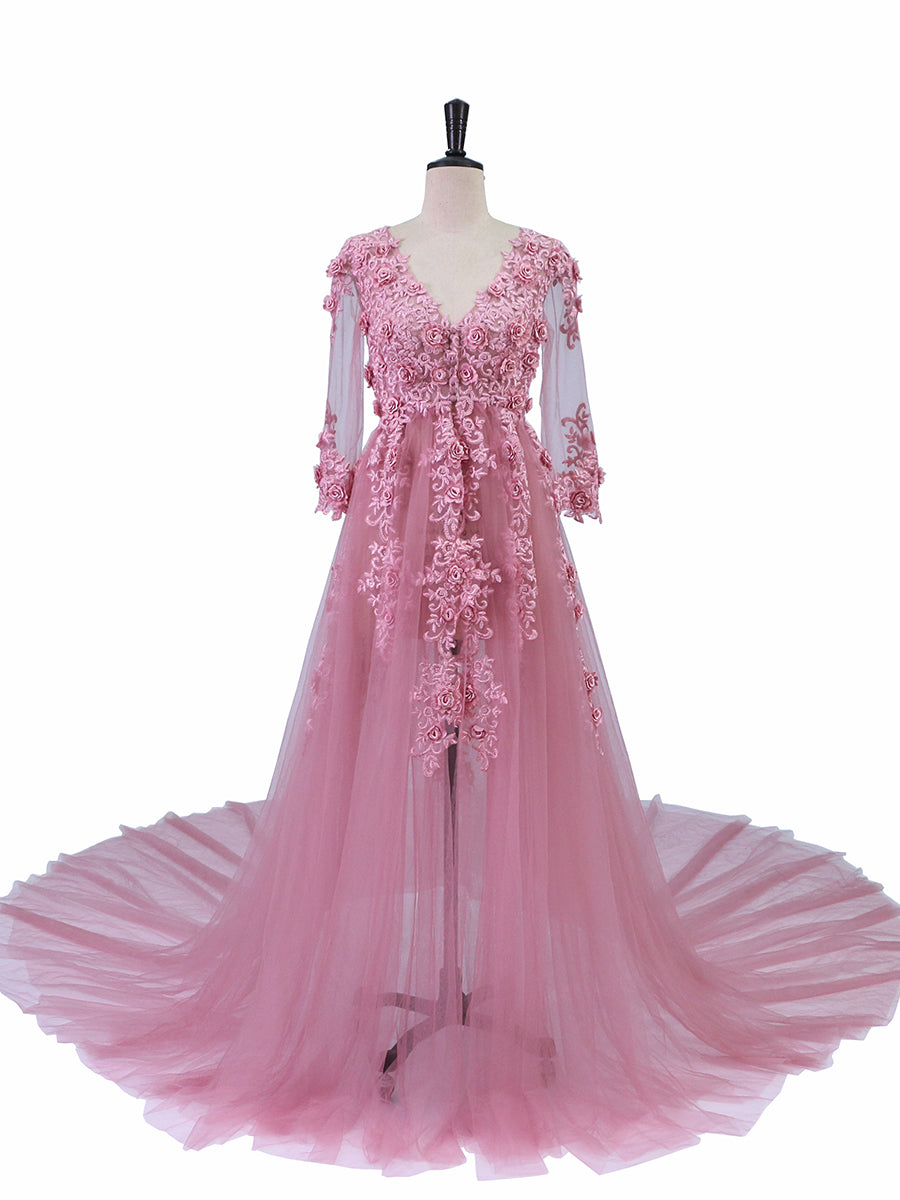 Elegant Tulle Appliques Lace Dresses V-Neck Half Sleeve Open Front Oldrose Beach Style Party Gowns Robe de Soiree 16w / Oldrose