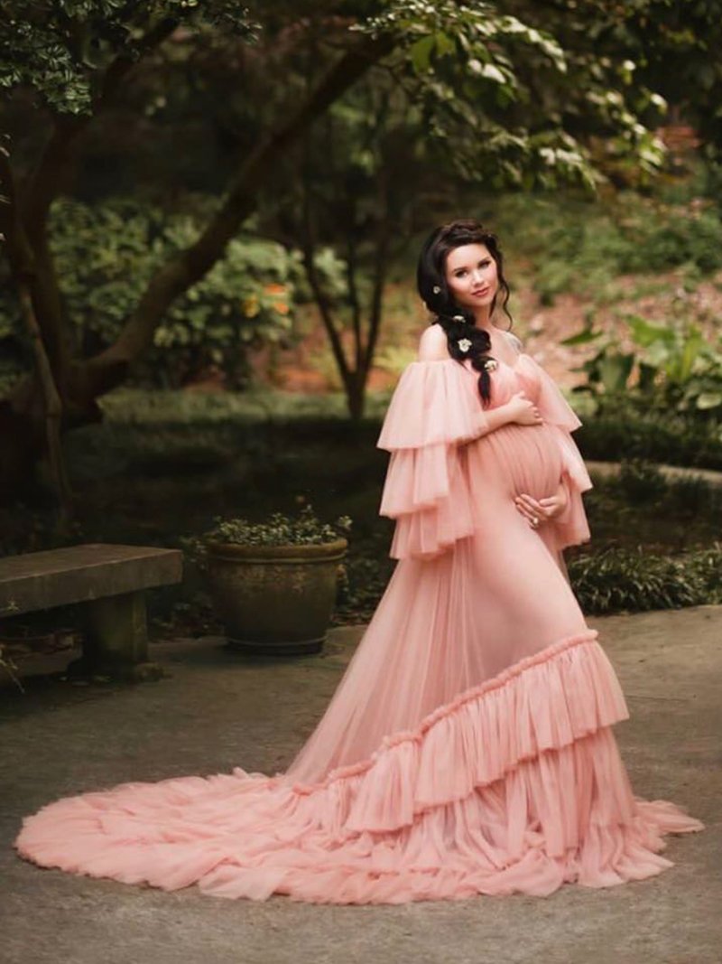 strapless open back dress Kate Mesh Pink Custom Maternity Photoshoot Gowns, S / 18#-Pink main image 1