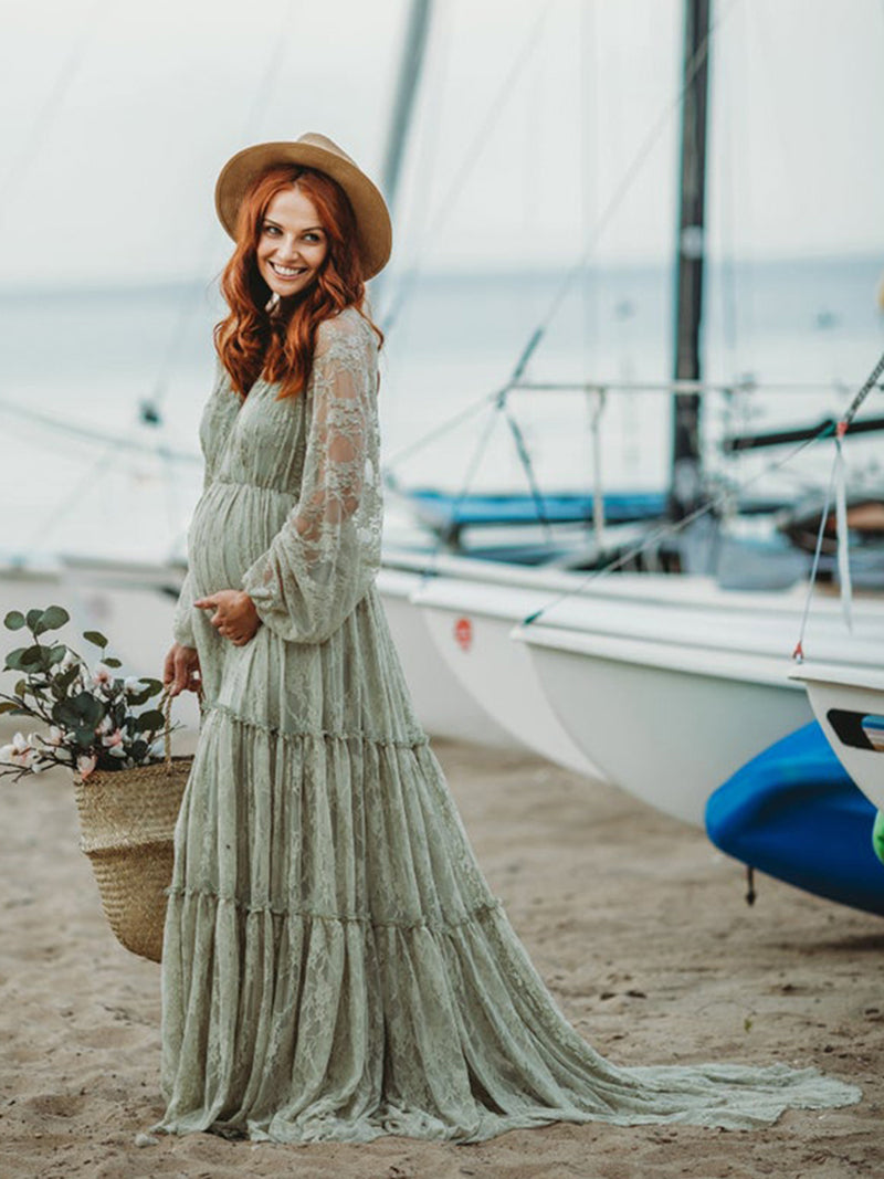 V Neck Elegant Long Sleeve Lace Evening Gown Maternity Dress 28W / Light-Yellow V Neck Elegant Long Sleeve Lace Evening Gown Maternity Dress 28W / Light-Yellow