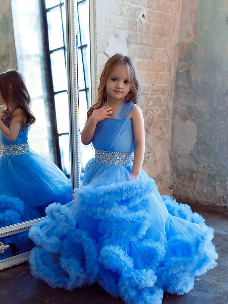 5th Grade Graduation Dresses For Girls Azazie Cookie Steel Blue A-Line Bow  Tulle Dress Azazie