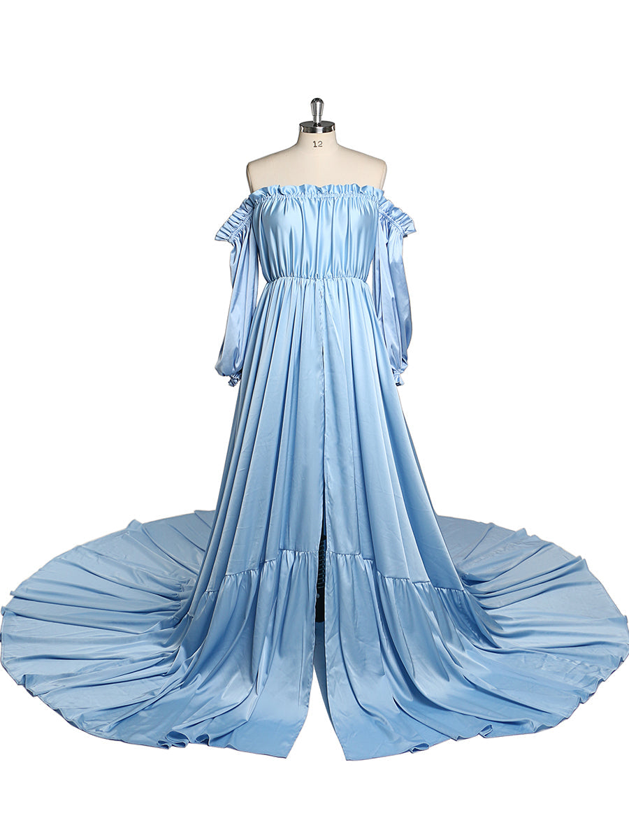 off the shoulder long sleeve maternity dress Off-Shoulder Satin Maternity Dress 6 / Paleblue