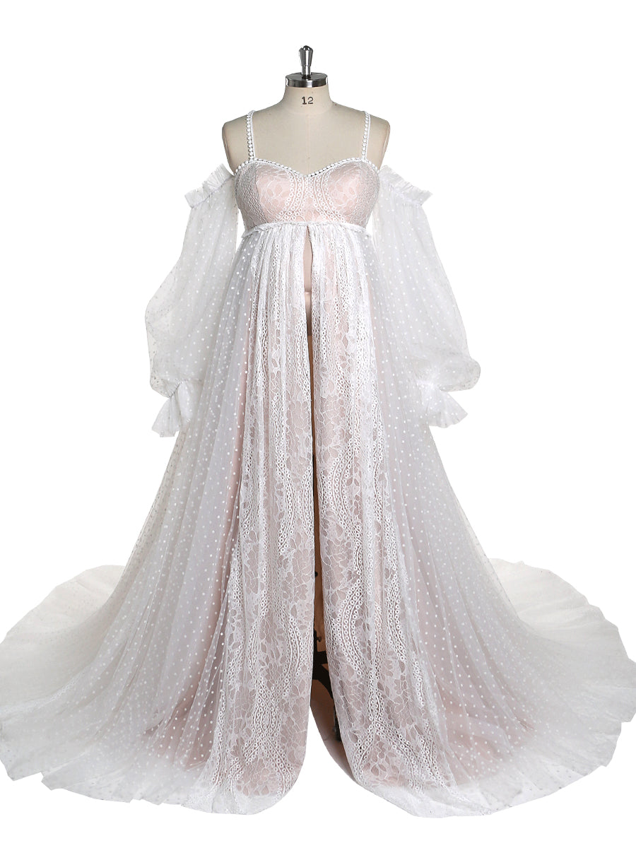 Dot Tulle with Lace Bohemian Maternity Dress for Photoshoot Long Sleeves Maternity Wedding Gown YW220107-1 6 / Picture Color