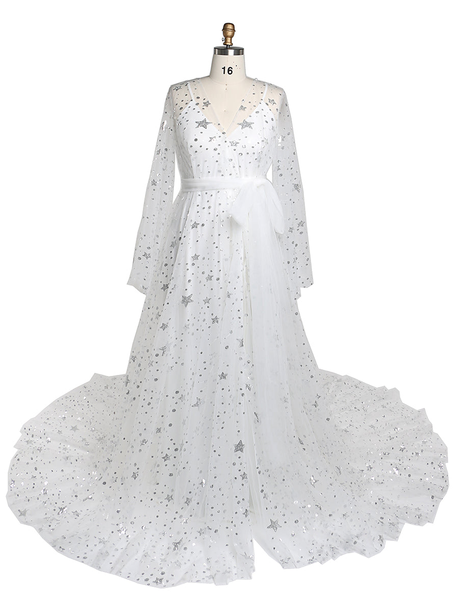 2 In 1 Stretch Underdress + Robe Sparkle Stars Maternity Dress for Wedding Photo Shoot Gowns Plus Size YW220320 14 / White 2 In 1 Stretch Underdress + Robe Sparkle Stars Maternity Dress for Wedding Photo Shoot Gowns Plus Size YW220320 14 / White