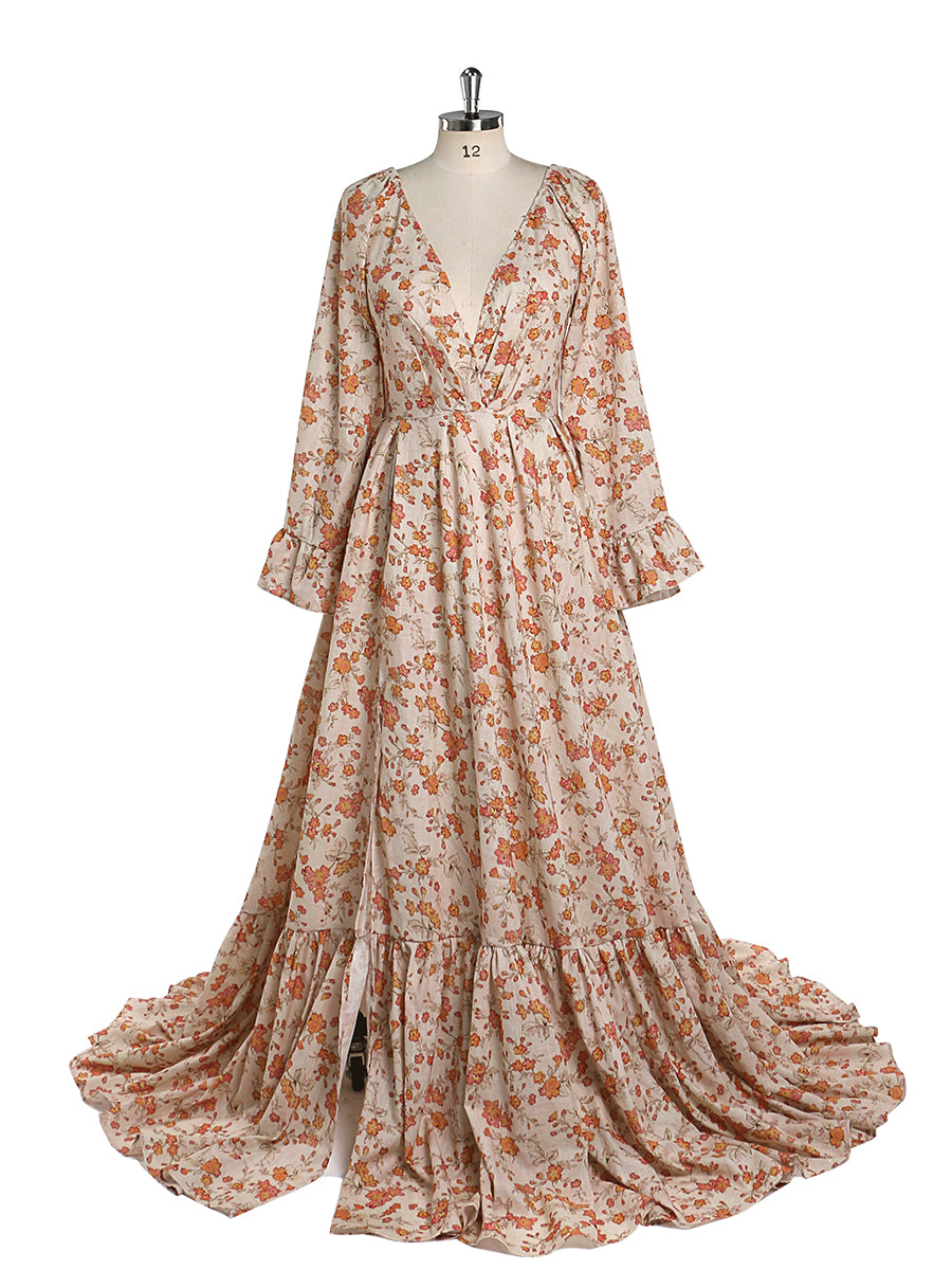 Elegant Cotton Floral Print Woman Maxi Dress Boho Beach Gown Adjustab 18W / Picture Color Elegant Cotton Floral Print Woman Maxi Dress Boho Beach Gown Adjustab 18W / Picture Color