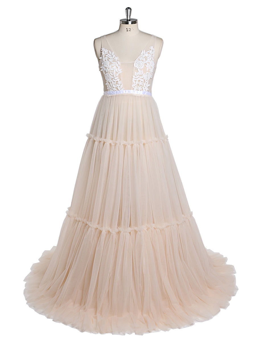 Sleeveless Maternity Dress for Photoshhot V Neck Lace Tulle Beach Wedd –  yewendress