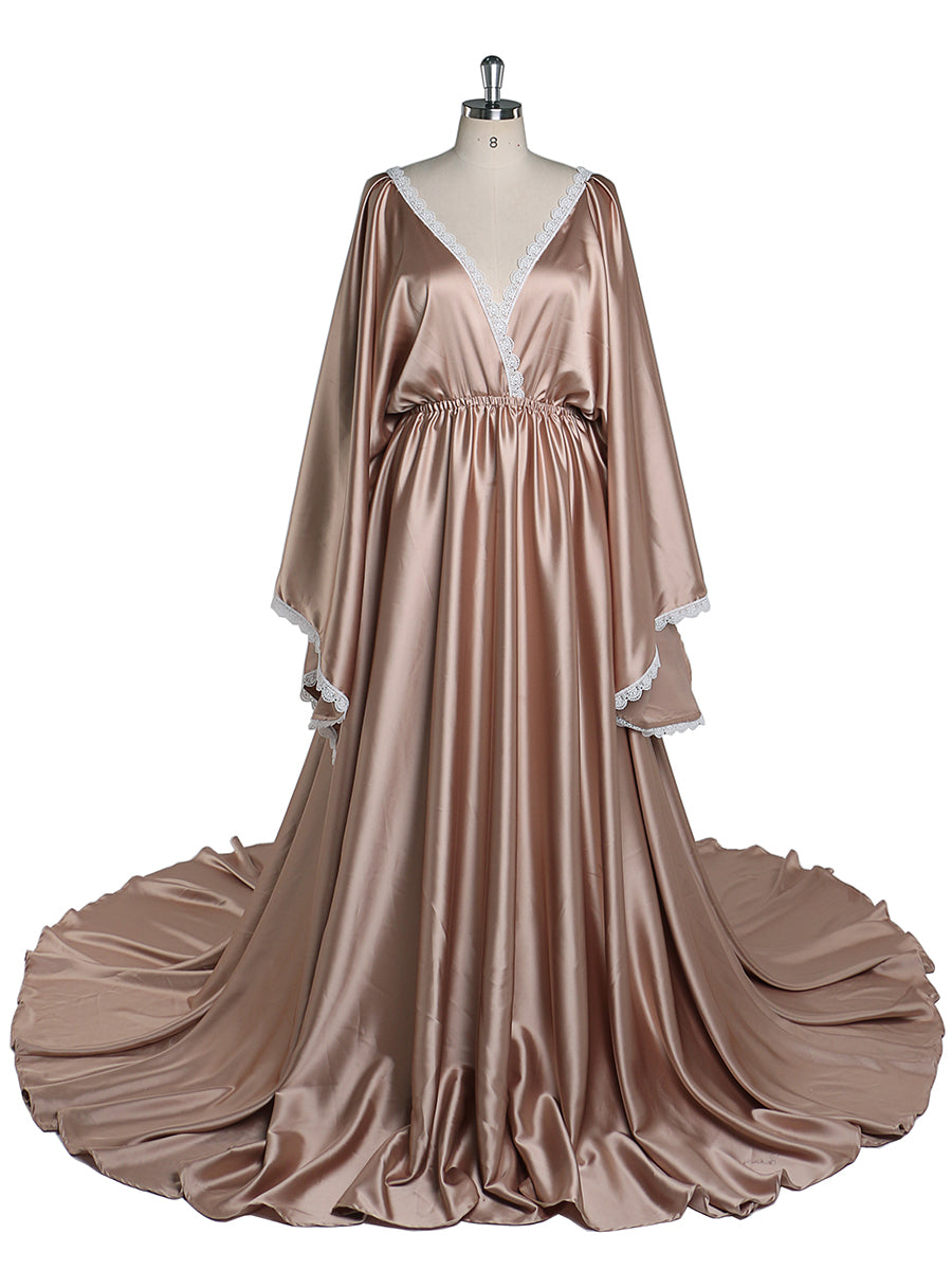 Rose-Satin Bohemian Maternity Photo Shoot Dress Adjustable Waist Phot 20W / Tan Color