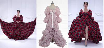 Enchanting Holiday Elegance: A Tale of Two Festive Gowns | Personalized Plaid Christmas Dress Vintage Style Prom Dress Photo Shoot Dresses | Princess Christmas Holiday Season Gown Elegant Costume Prom Gown Photo Shoot Dress