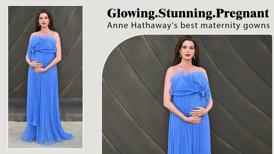 Anne Hathaway wearing a vibrant blue strapless maternity dress
