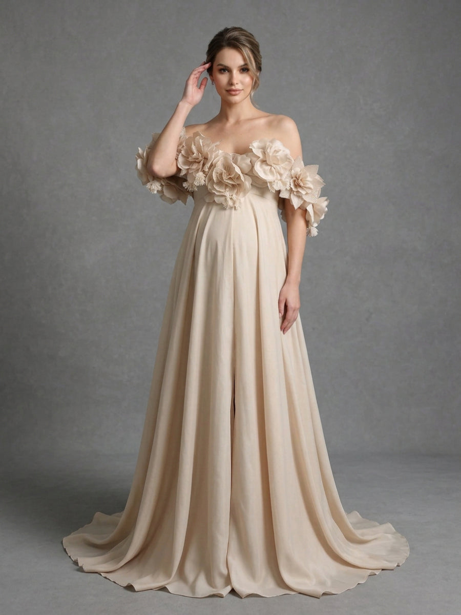 Front view of ostrich feather maternity dress featuring an elegant cape design for maternity photoshoots