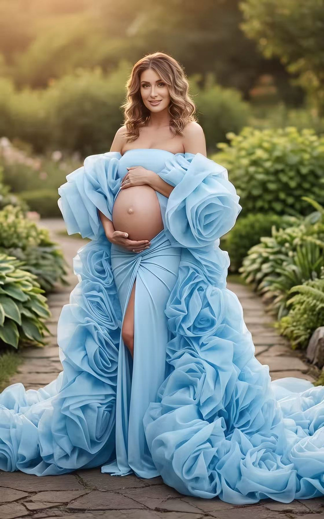 Front view of a pregnant model wearing a red maternity photoshoot gown with a dramatic oversized 3D rose flower cape and a high slit.