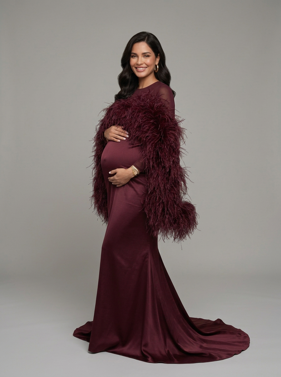 Front view of ostrich feather maternity dress featuring an elegant cape design for maternity photoshoots