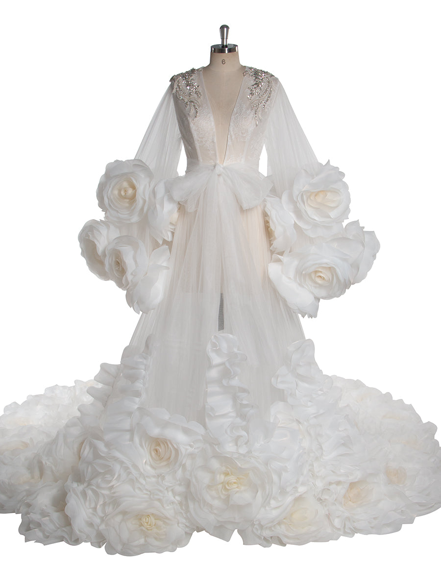 Luxury 3D flower bridal robe designed for wedding photography and elegant bridal photoshoot styling