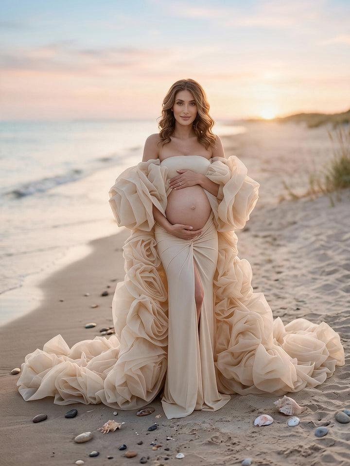 Rose Flower Cape with Slim Dress Set Pregant Dress Maternity Photoshoot Gown YW260313