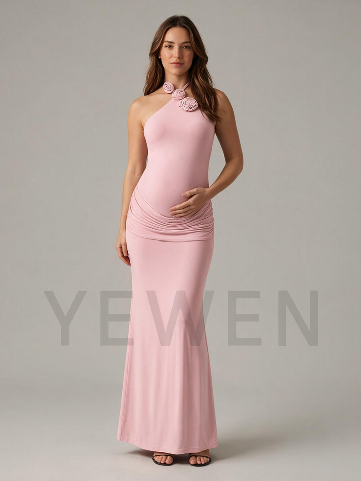 Halter 3D Handmade Rose Maternity Baby Shower Dress