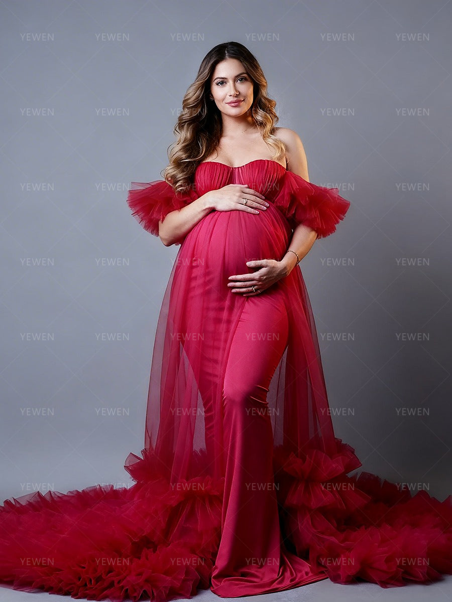 red maternity dress photoshoot Tulle Maternity Photoshoot Dresses Baby Belly Shooting Dress for Pregnant Women Photoshoot Outfit