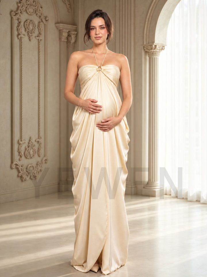 Draped Satin Halter Strapless Maternity Gown for Photoshoot HA261005
