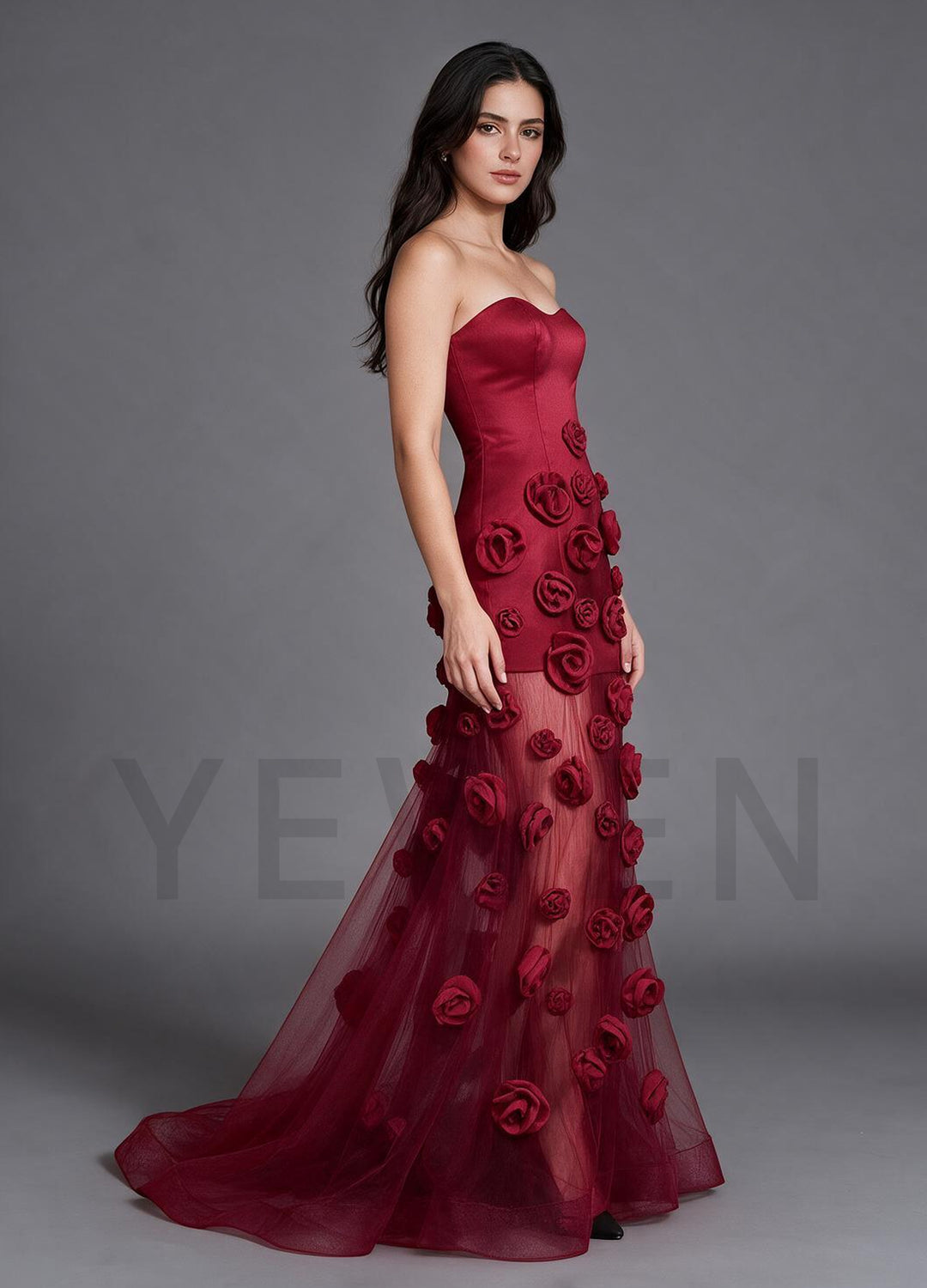 Strapless Satin 3D Handmade Rose Evening Gown with Sheer Train YX003