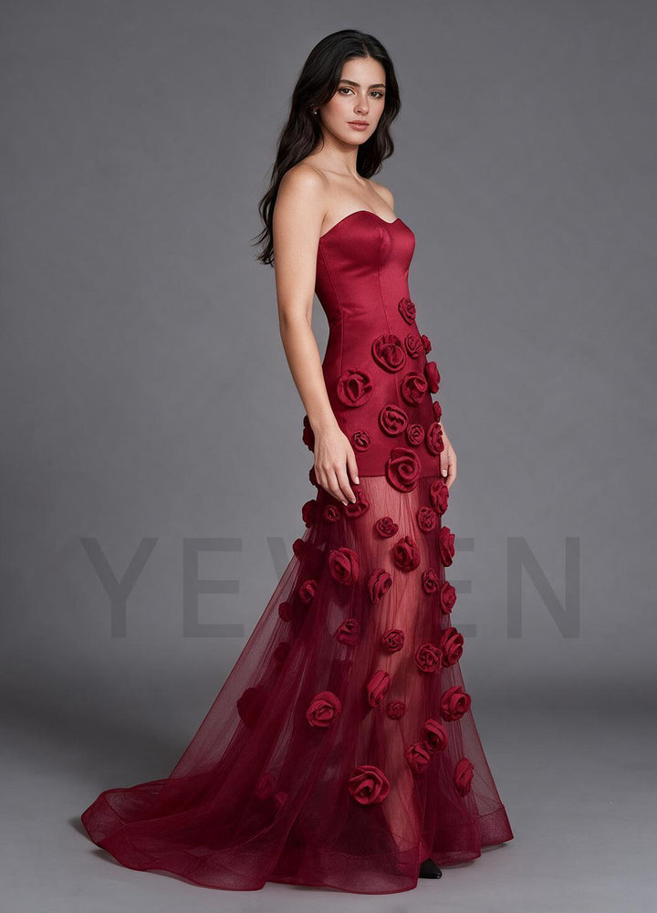 Strapless Satin 3D Handmade Rose Evening Gown with Sheer Train YX003