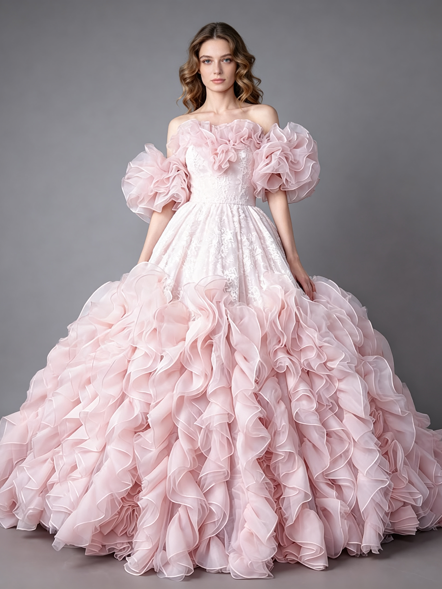 Photography Gown Organza Ruffle Short Sleeve Bridal Gown Princess Bespoke Occasion Dresses for Special Occasions