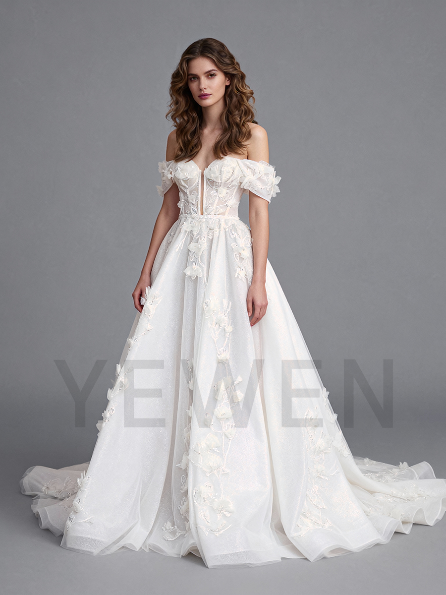 Shiny Tulle Wedding Dress Applique 3D Floral Lace Off Shoulder Bridal Gown