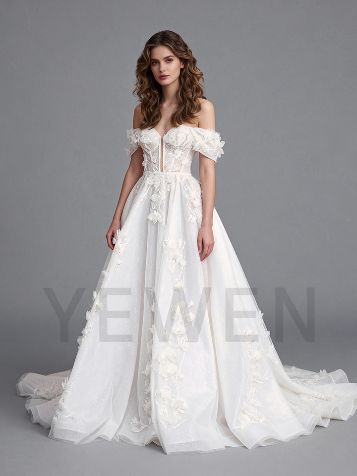 Shiny Tulle Wedding Dress Applique 3D Floral Lace Off Shoulder Bridal Gown