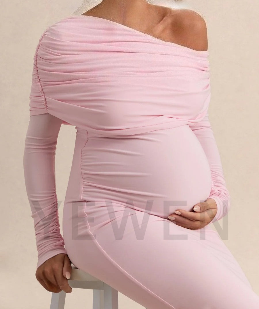 Baby Pink Ruched Long Sleeve Bodycon Maternity Maxi Dress for Baby Shower