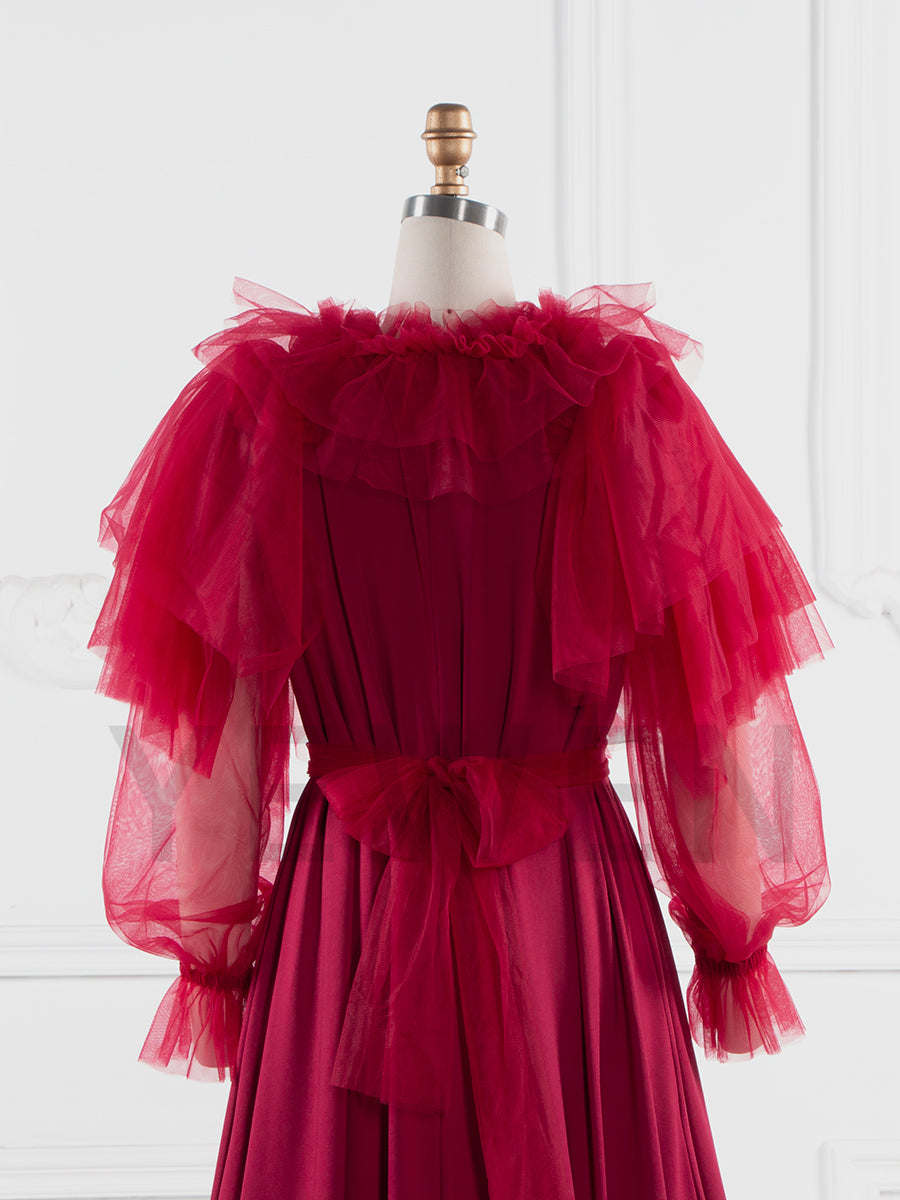 Deep Red Tulle Ruffle Gown for Photoshoots YW250073