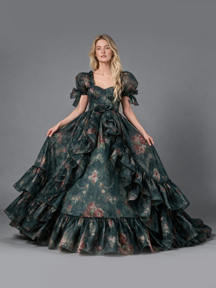 Dark Green Floral Tiered Ruffle Puff Sleeve Princess Dress YW2610154