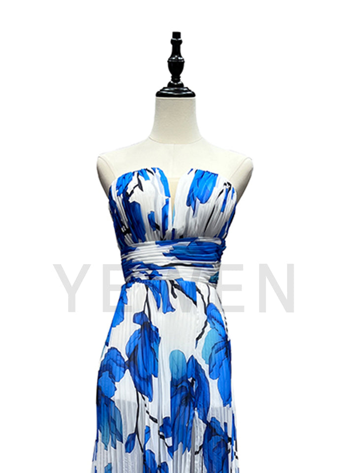 Fashion Blue Print Pleated Evening Dress Long Dress F25162J