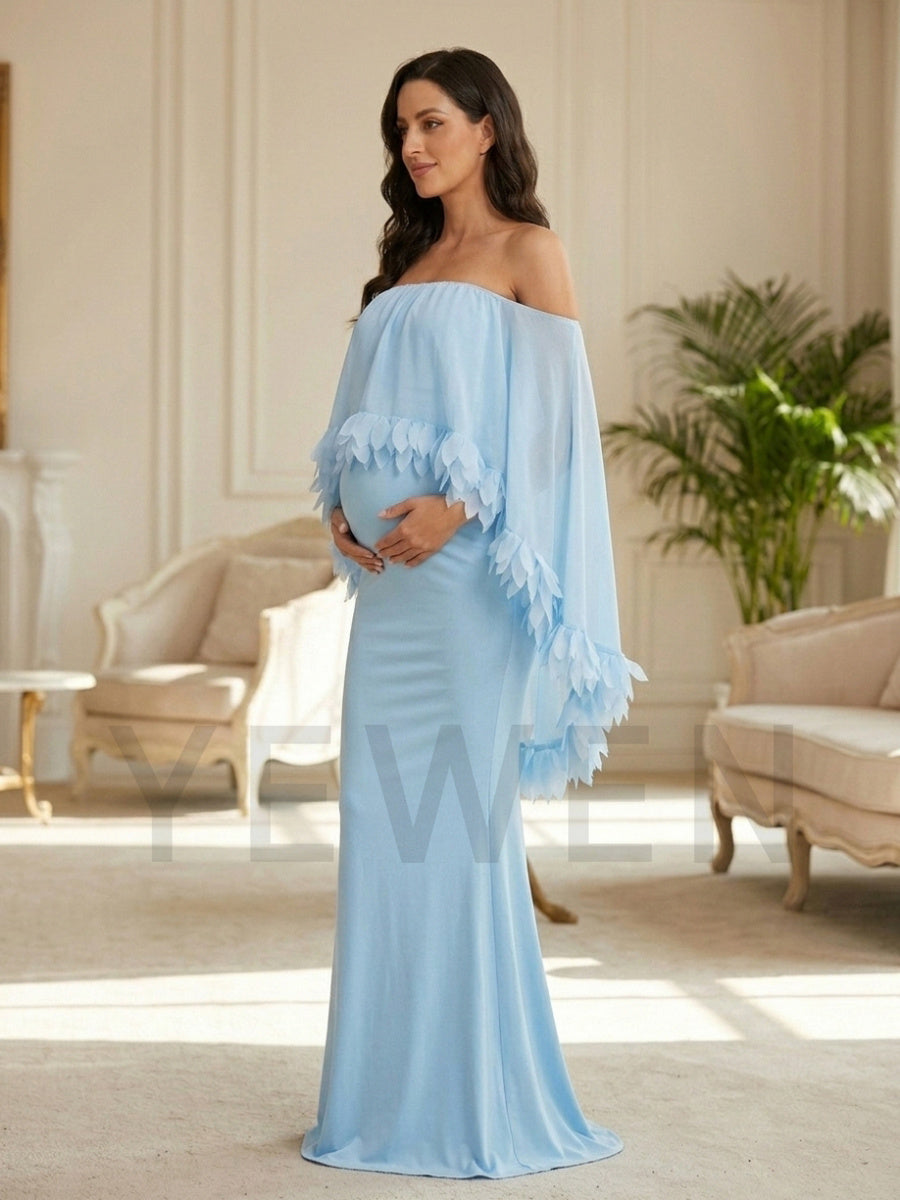 Light Blue Maternity Baby Shower Dress With Off-Shoulder Cape And Feather Trim YD260831