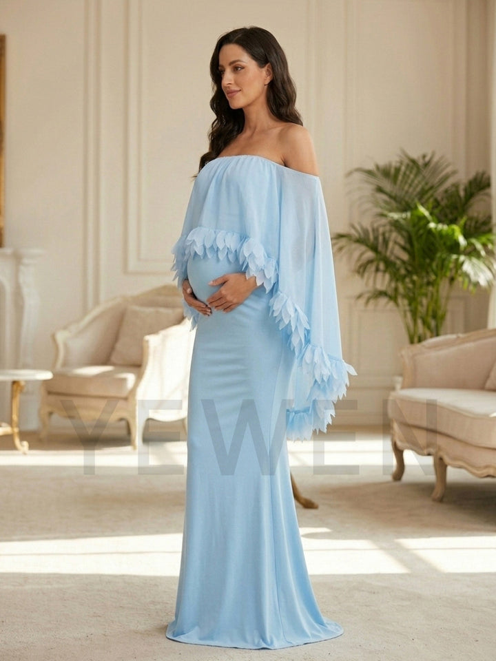 Light Blue Maternity Baby Shower Dress With Off-Shoulder Cape And Feather Trim YD260831