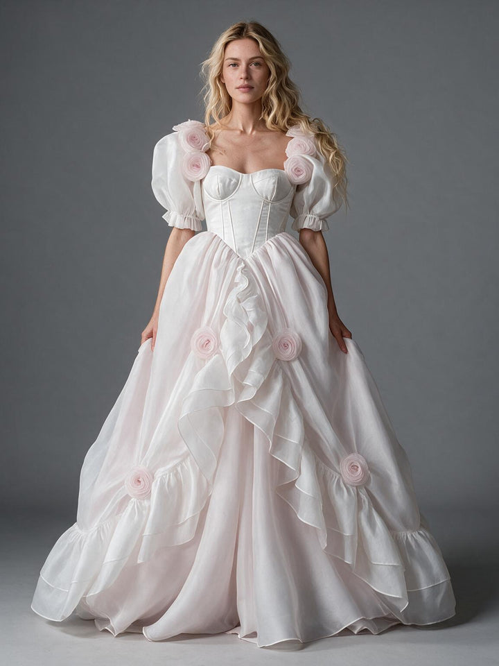 Corset Tiered Ruffle 3D Rose Puff Sleeve Princess Dress YW2610147
