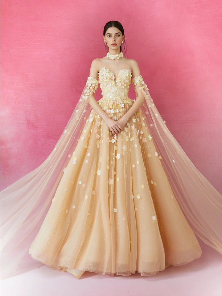 A Line Off Shoulder Evening Dress with  3D Floral Applique Prom Party Gown