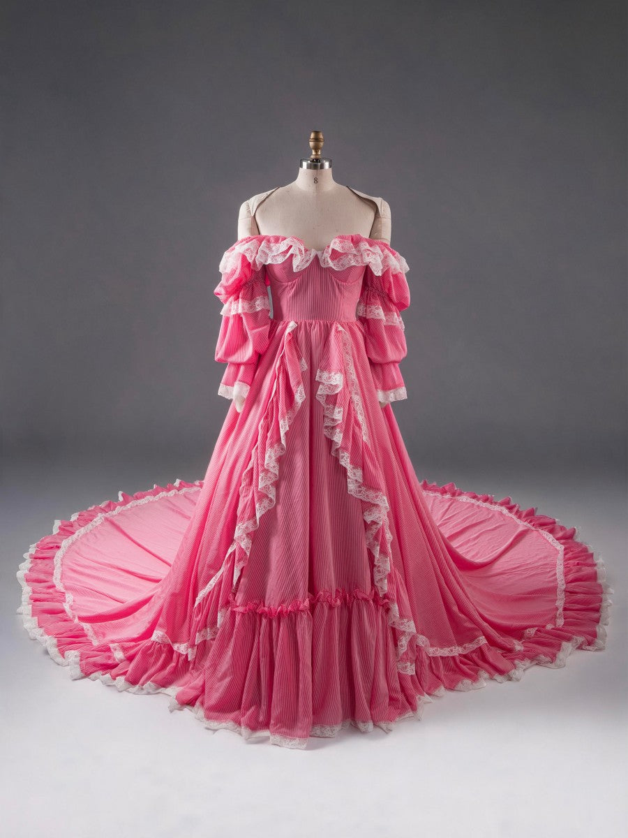 Custom Made Princess Gown with Adjustable Train Red Stripe Maiden Gown YW260265-1