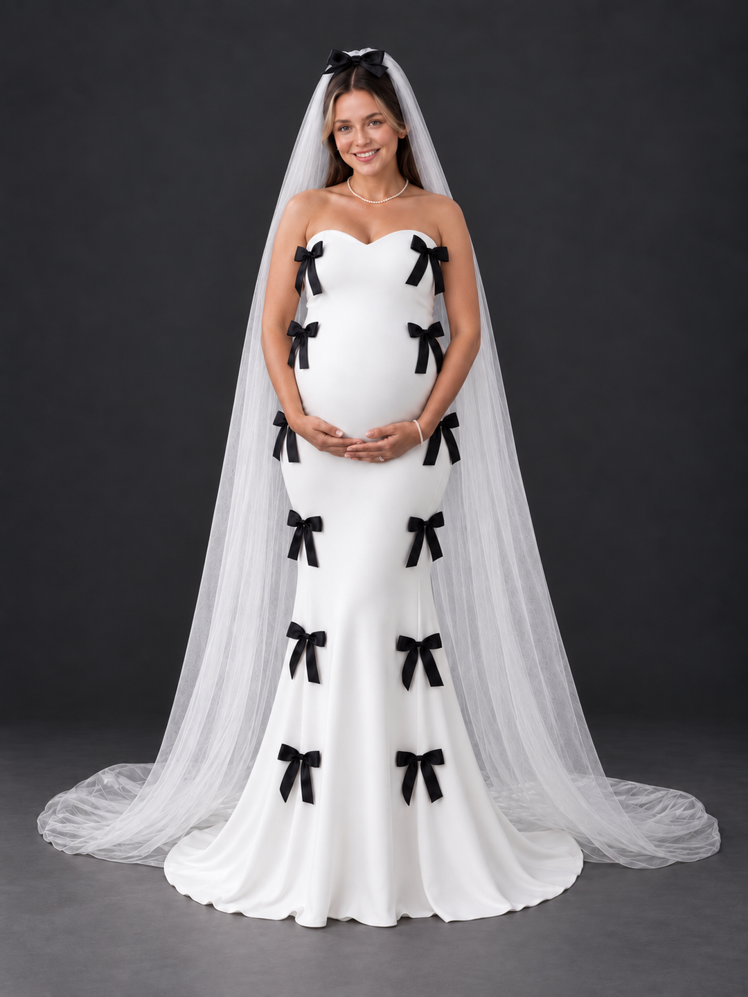 White Strapless Black Bow Maternity Wedding Dress with Veil HA260918