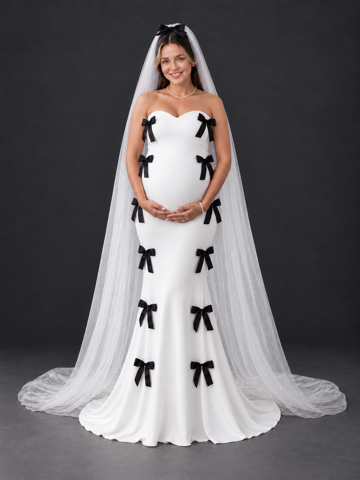 White Strapless Black Bow Maternity Wedding Dress with Veil HA260918