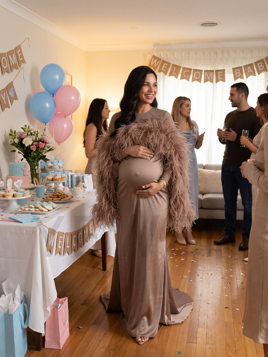 Dramatic Ostrich Feather Cape Maternity Baby Shower Dress YD260917