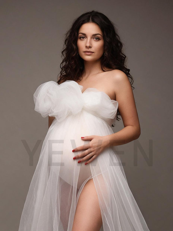 Strapless Tulle Bow Sheer Overlay Maternity Photoshoot Gown YW2609301