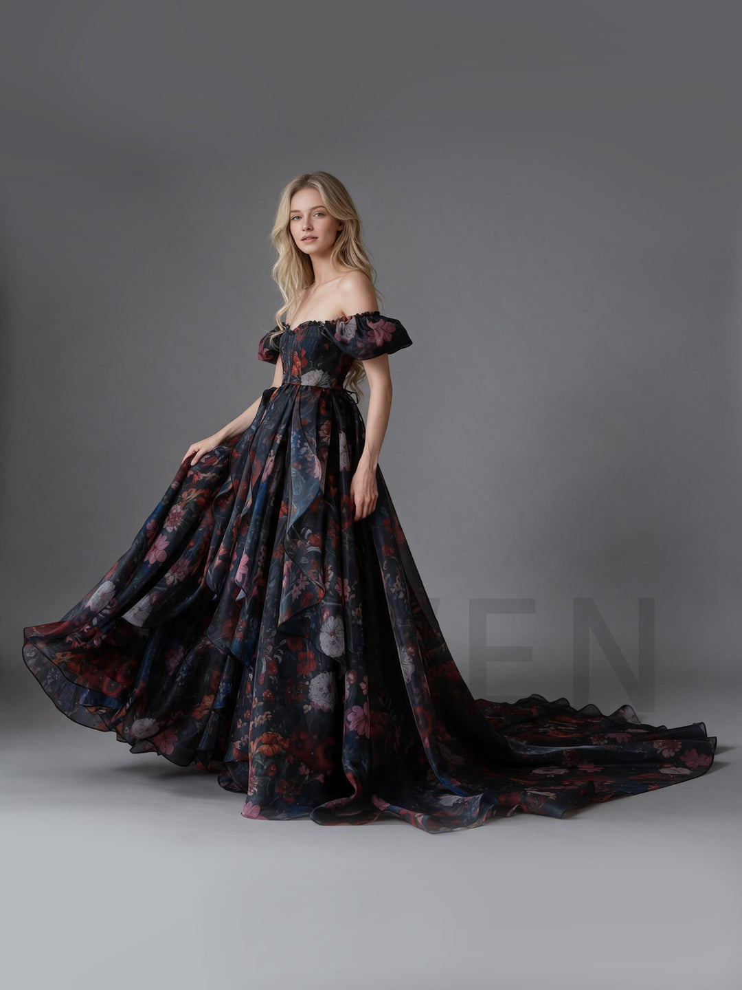 Floral Off-Shoulder Puff Sleeve Tiered Ruffle Princess Dress YW2610136