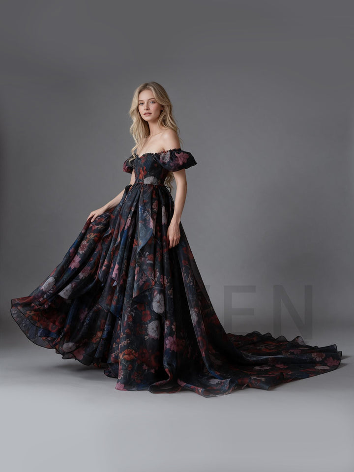 Floral Off-Shoulder Puff Sleeve Tiered Ruffle Princess Dress YW2610136