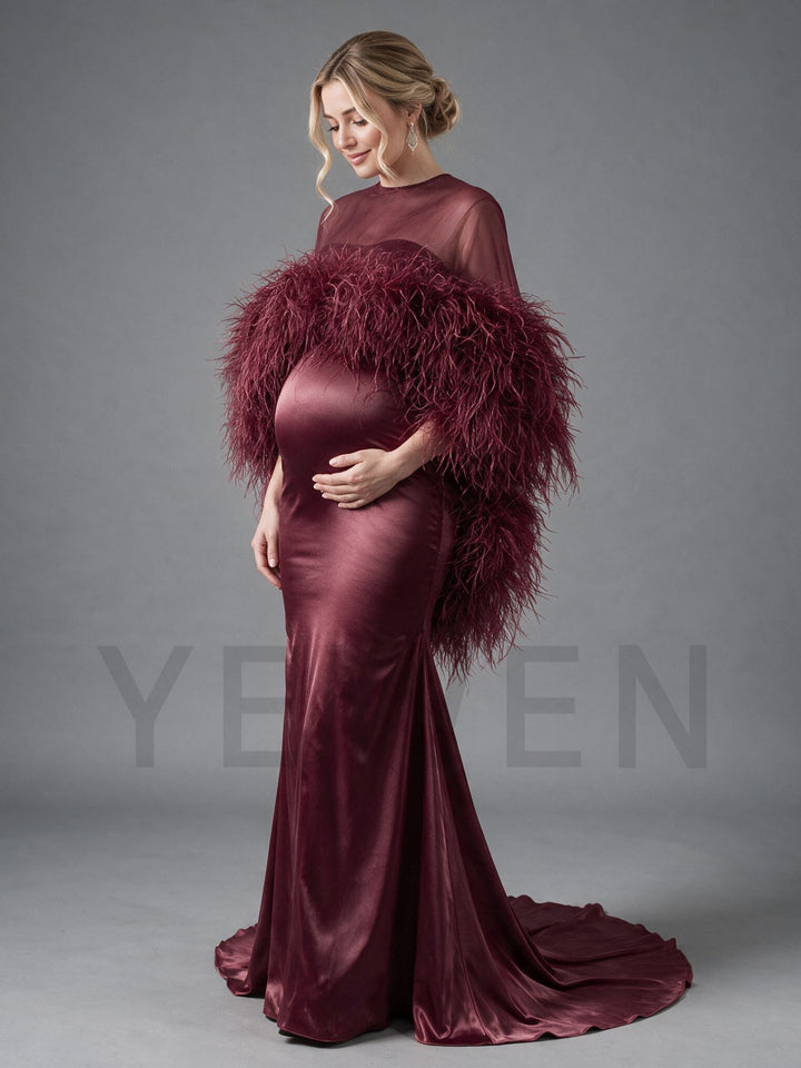 Burgundy Ostrich Feather Cape Maternity Baby Shower Dress YD260917