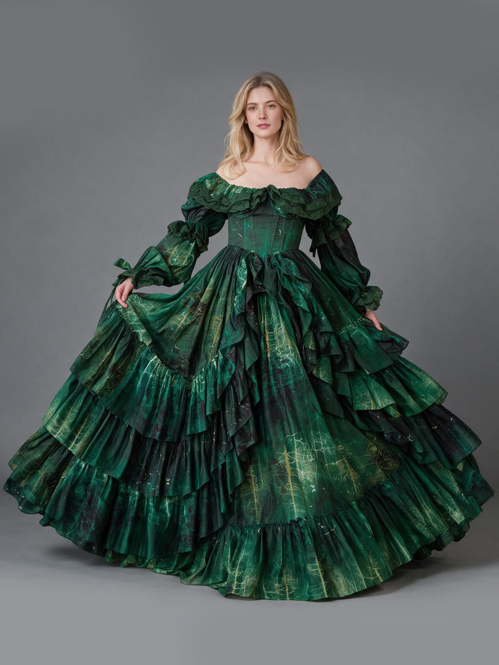 Vintage Print Off-Shoulder Lantern Sleeve Princess Dress YW2610167