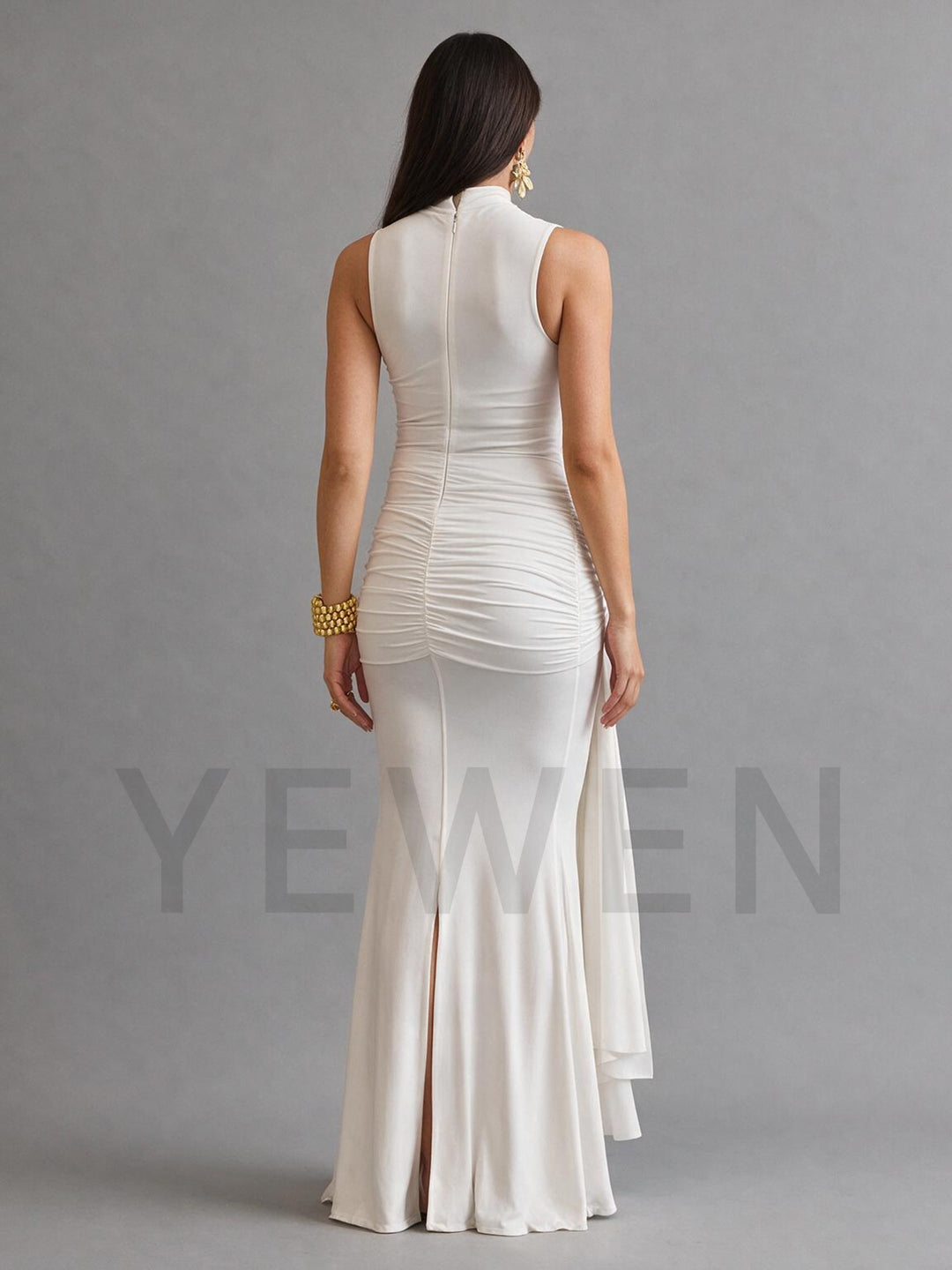 High Neck Fitted Maternity Dress for Baby Shower with Draped Tie Waist