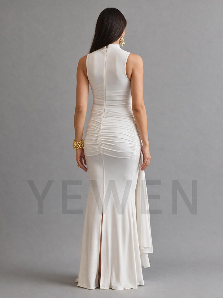 High Neck Fitted Maternity Dress for Baby Shower with Draped Tie Waist
