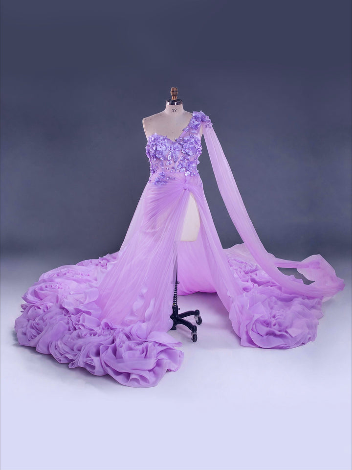 Lavender  One-Shoulder Photo Shoot Dress Ruched Tulle Colored Bridal Gown YW260340